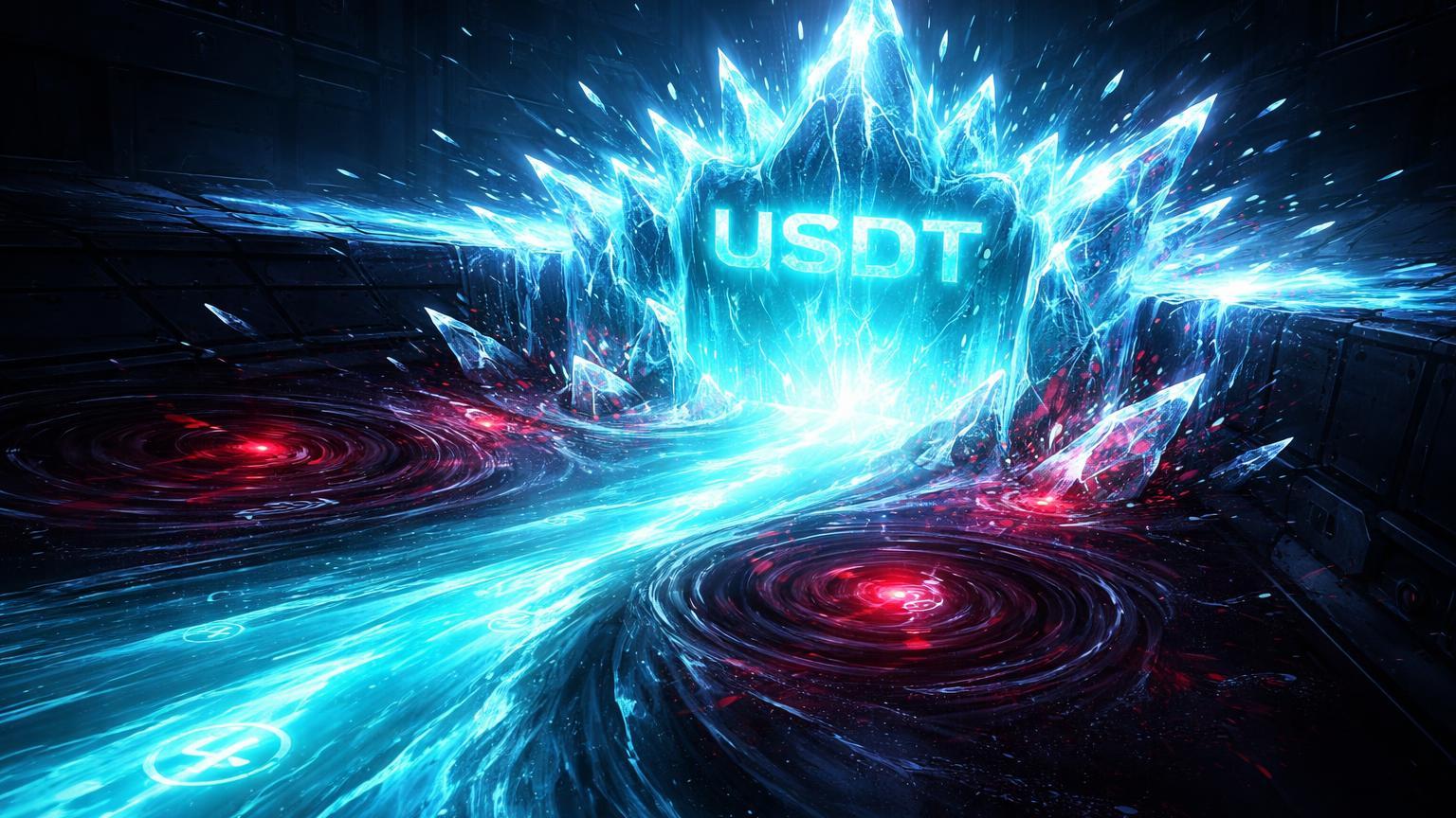 Fluxo cyan de USDT congelado por barreira cristalina com impurezas vermelhas presas, representando ação de Tether e Feds contra golpes