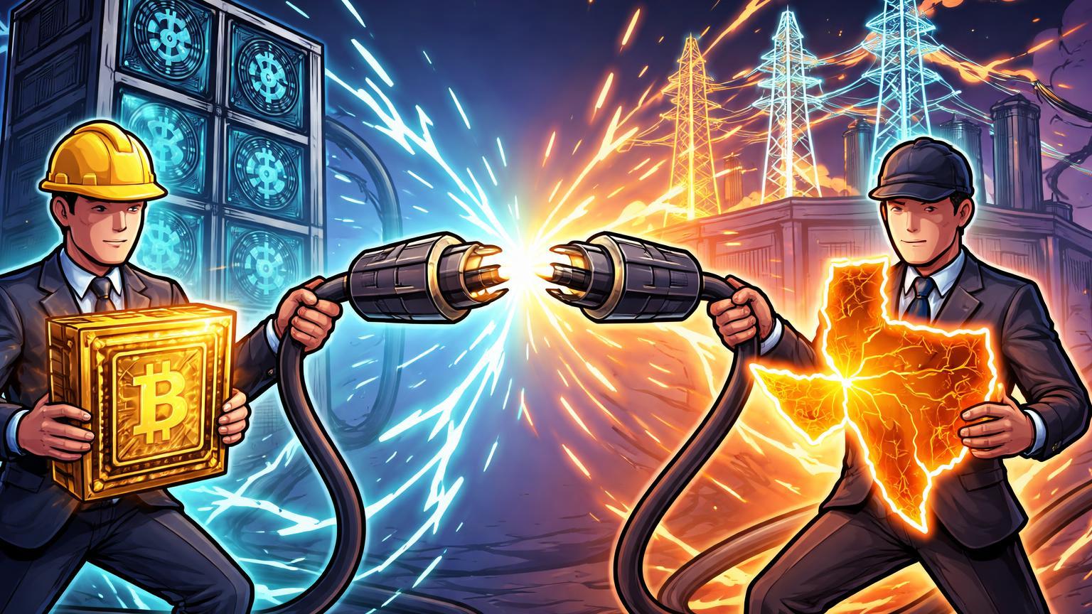 Executivos cartoon da Canaan conectando energia texana a torres de mineração Bitcoin, simbolizando investimento de US$ 39M em projetos no Texas
