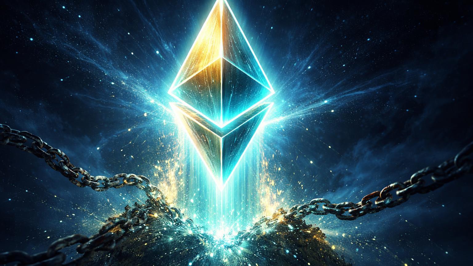 Prisma Ethereum translúcido emergindo de correntes dissolvendo em partículas cyan, simbolizando fim das seed phrases no upgrade Hegota