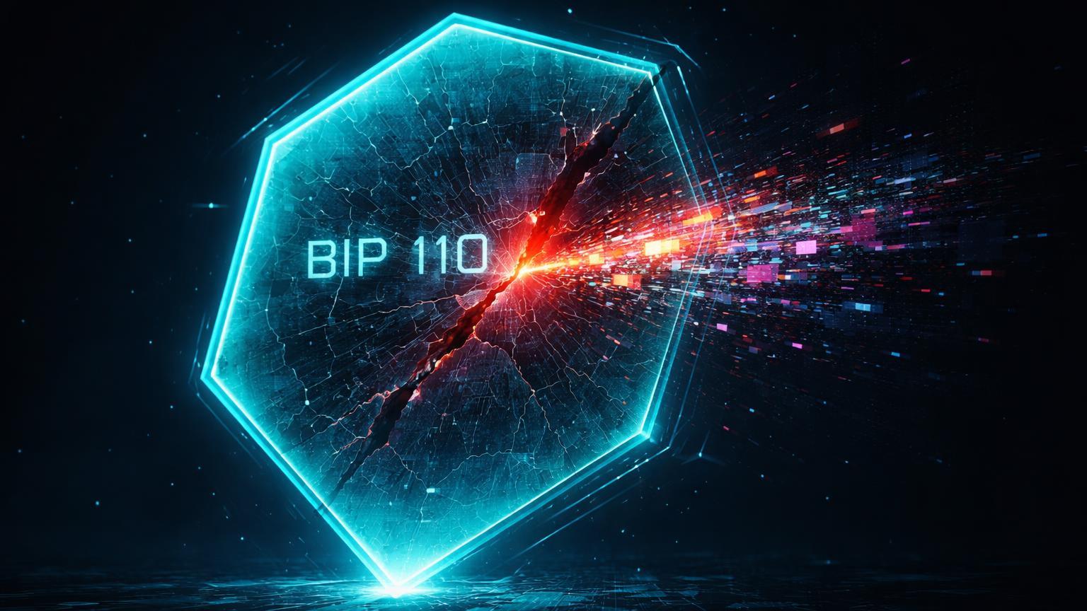 Filtro hexagonal cyan com rachadura vermelha vazando pixels de imagem caótica, expondo falha do BIP 110 no Bitcoin Knots