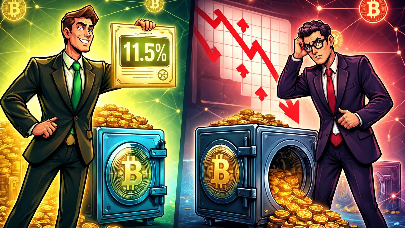 Executivos cartoon contrastando: um celebrando dividendo 11.5% STRC com cofre BTC cheio, outro vendo 8 meses de queda em MSTR