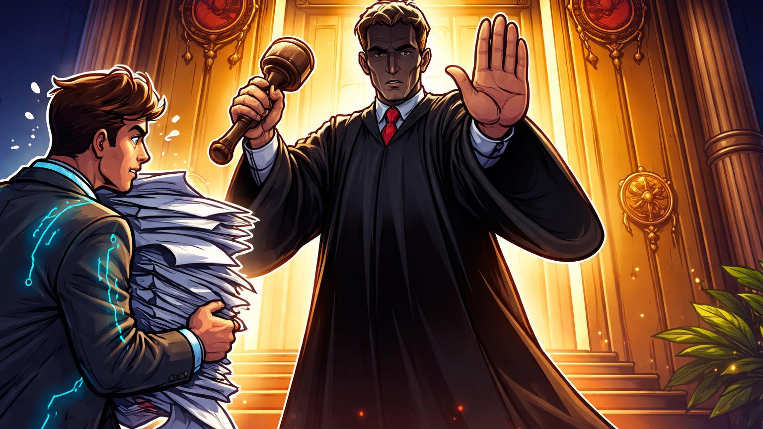Juiz cartoon barrando personagem de exchange em portas de tribunal com martelo erguido, simbolizando rejeição judicial à Binance nos EUA