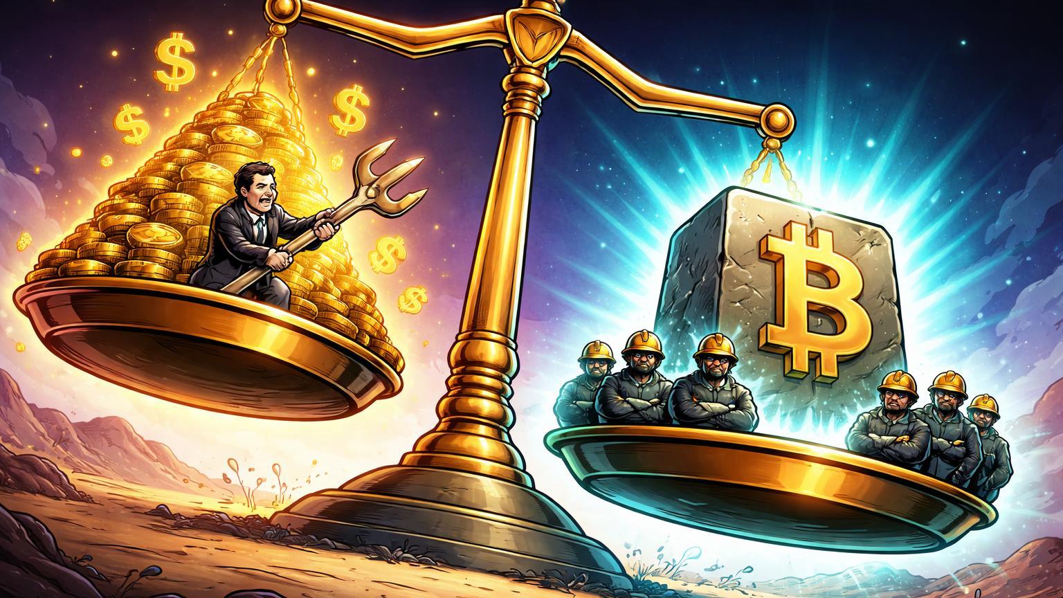 Balança cartoon com pilha de BTC Mt.Gox vs. bloco imutável Bitcoin defendido por holders, priorizando imutabilidade sobre hard fork