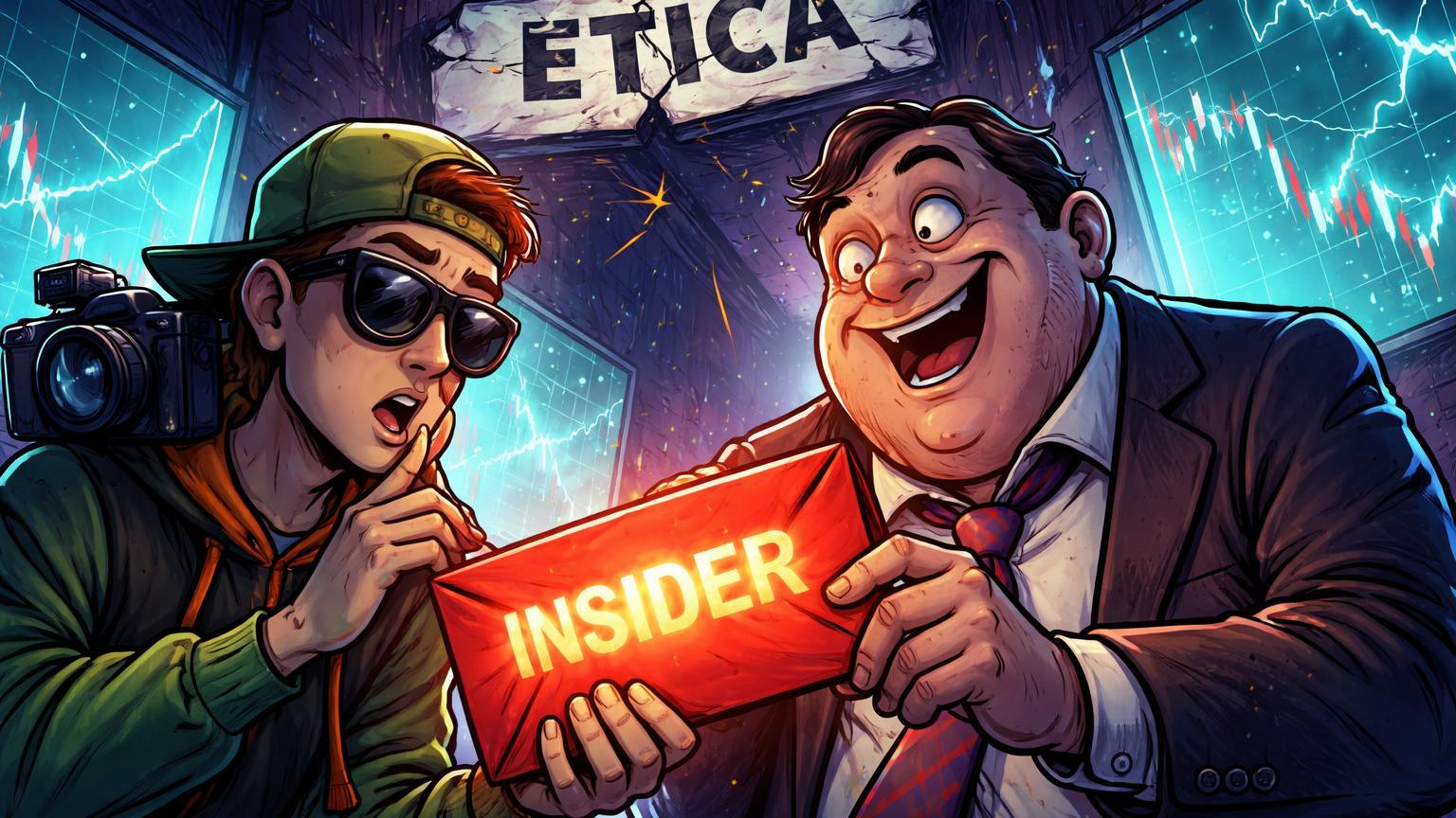 Personagens cartoon de influencer e político trocando envelope 'INSIDER' em beco de telas rachadas, expondo escândalo em mercados de previsão