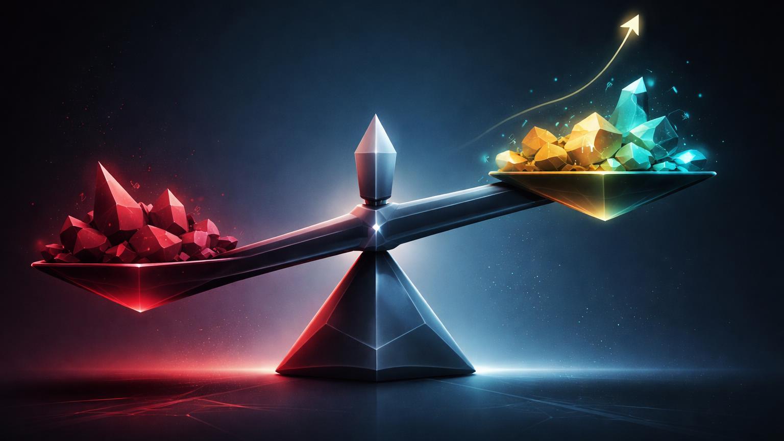 Balança geométrica abstrata com lado vermelho pesado para Q1 ruim do Bitcoin e lado dourado luminoso para histórico positivo de março