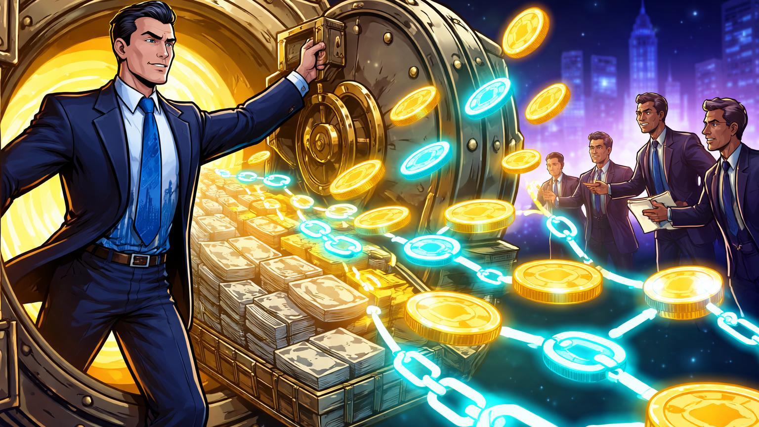 Regulador cartoon abrindo cofre de títulos públicos que se tokenizam em blockchain, atraindo investidores institucionais para Hong Kong