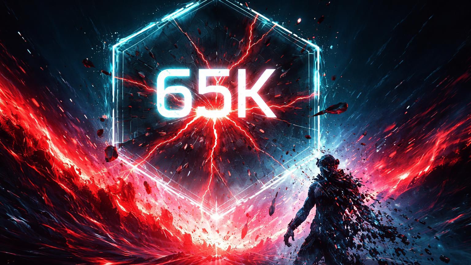 Barreira hexagonal digital com 65K gravado rachando sob ondas vermelhas, silhueta de baleia se desfazendo, risco de liquidações no Bitcoin