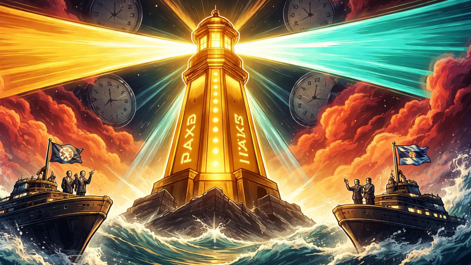 Farol dourado tokenizado com PAXG e XAUt guiando navios institucionais em tempestade geopolítica, contrastando mercados tradicionais parados