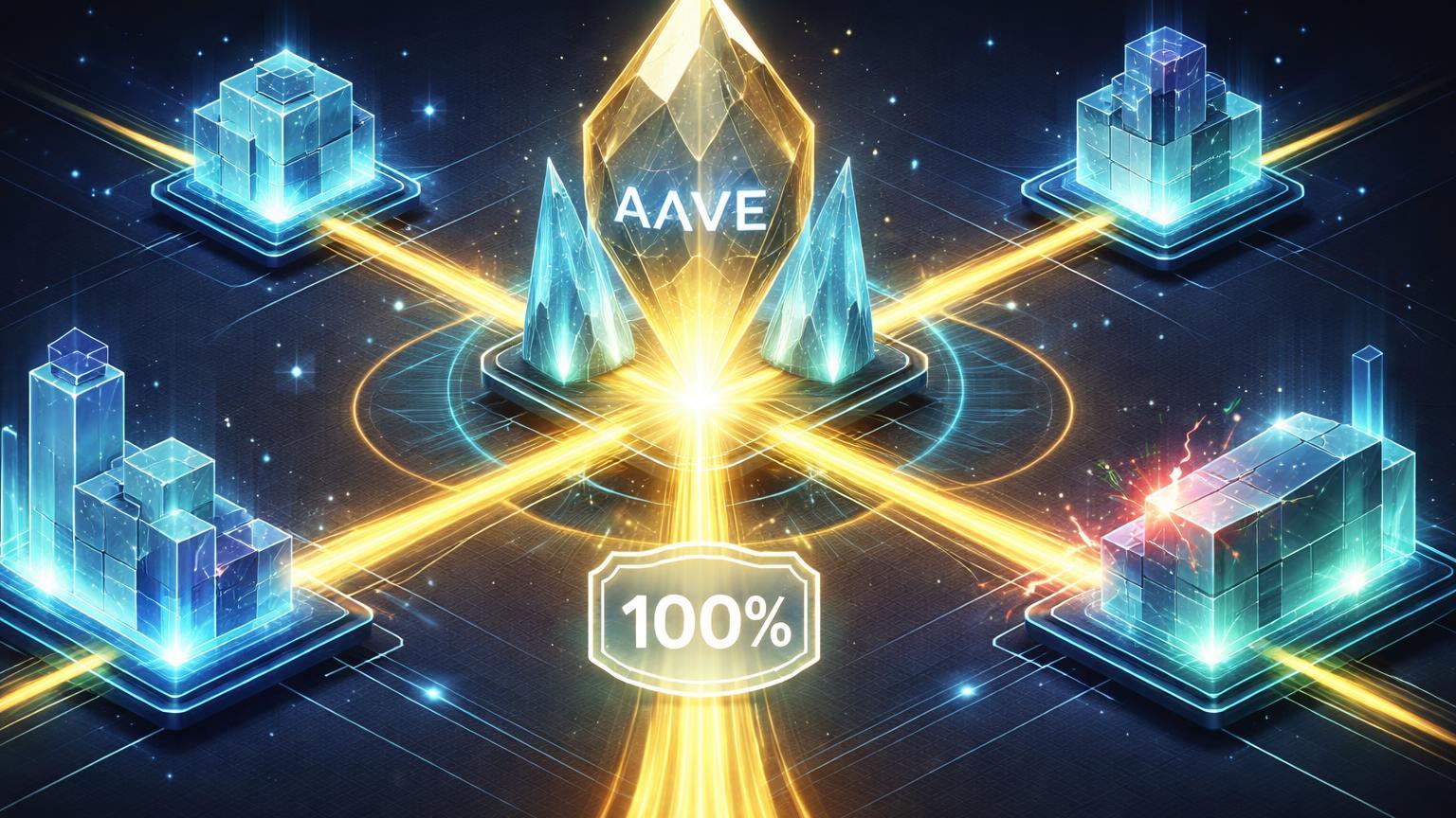 Ecossistema isométrico DeFi com fluxos de receita dourados convergindo 100% para núcleo AAVE cristalino, resistindo squeeze e sinalizando maturidade