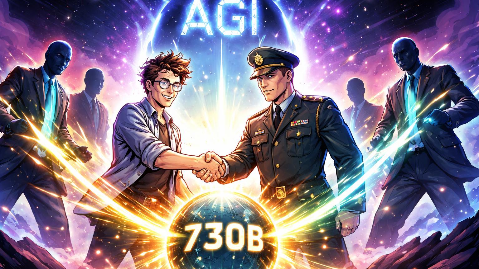 Visionário tech cartoon em handshake com oficial Pentágono, investidores injetando energia em esfera 730B e portal AGI, marcando valuation recorde da OpenAI