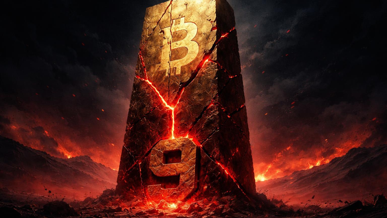 Monolito dourado rachado com '9' vermelho emanando, sobre dunas em tempestade, testando Bitcoin como ouro digital em meio a conflito