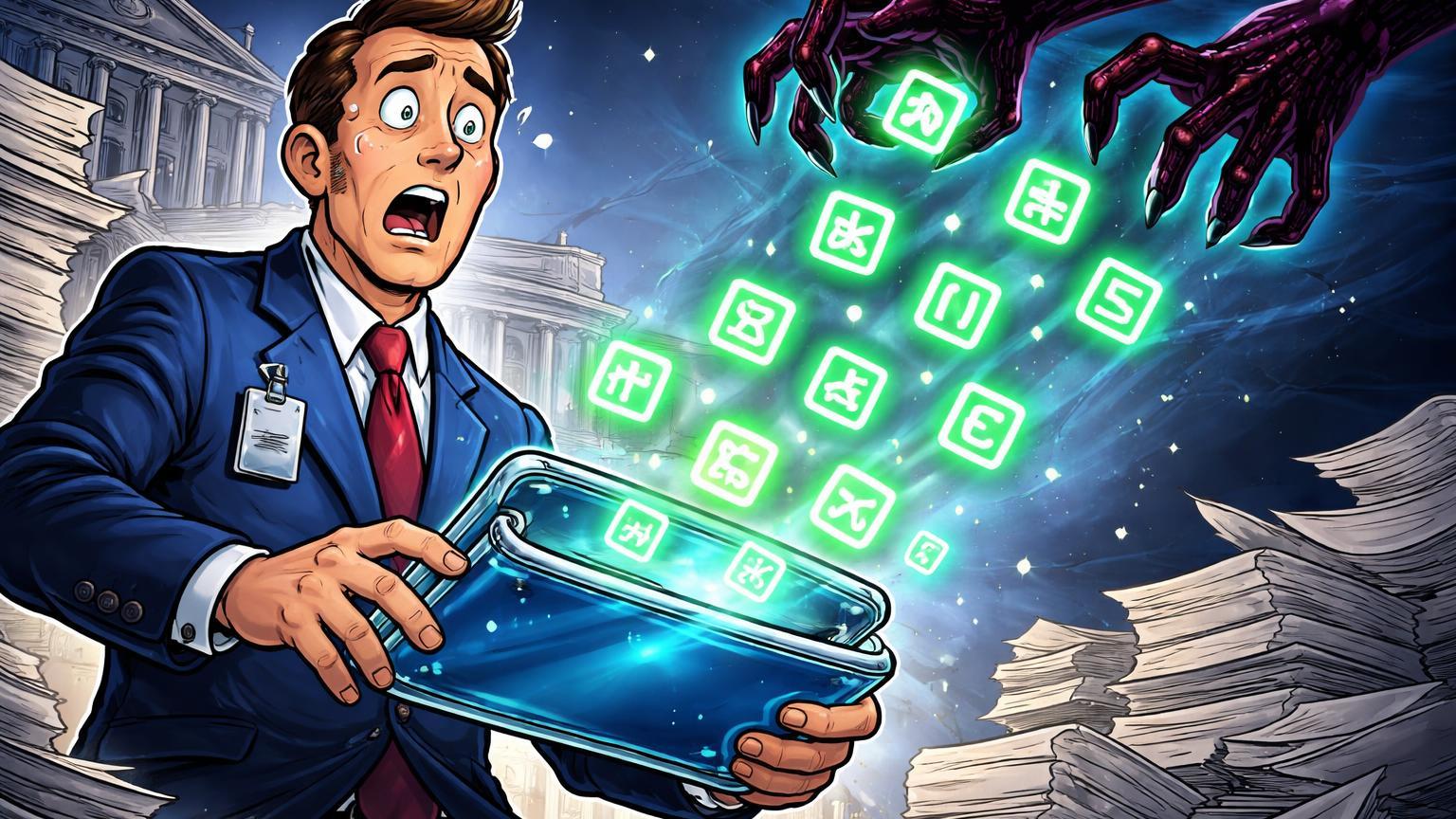 Oficial cartoon abrindo carteira digital com símbolos seed phrase escapando para mãos sombrias, ilustrando escândalo de vazamento na Coreia do Sul