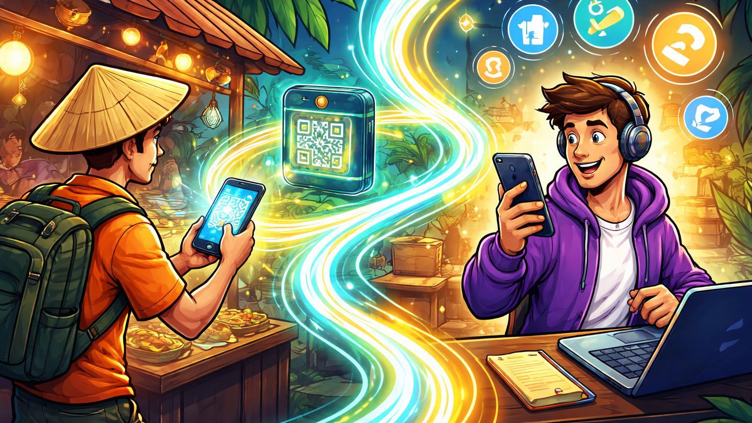Personagens cartoon estilizados: turista escaneando QR com BinancePay no Vietnã e criador vendo anúncios cripto no X, simbolizando adoção diária