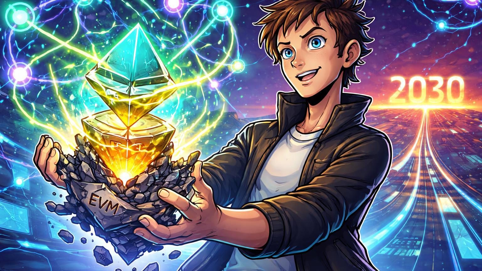 Vitalik cartoon com rede IA transformando nócleo Ethereum de EVM para RISC-V, acelerando roadmap para 2030