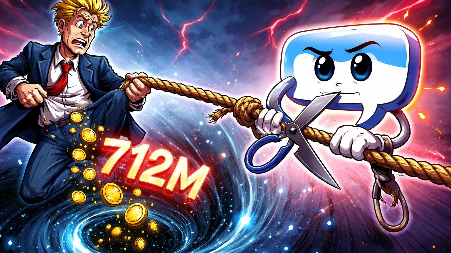 Personagens cartoon de empresas cortando laços com moedas e '712M' caindo, ilustrando spin-off da Trump Media após perda em cripto