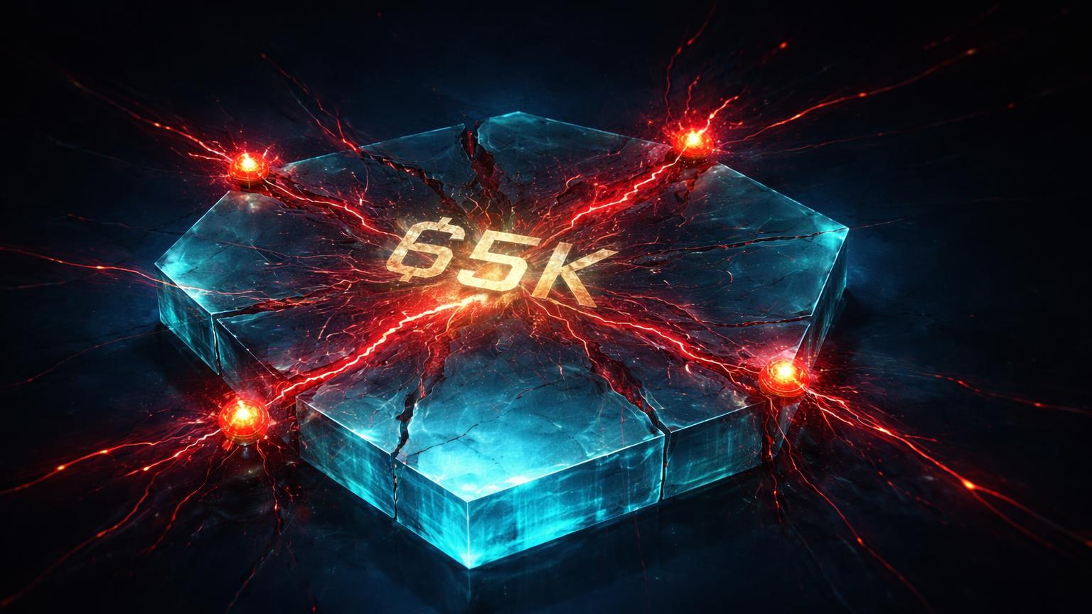 Plataforma cristalina hexagonal com fissuras vermelhas e '65K' gravado, simbolizando suporte critico do Bitcoin sob liquidações massivas
