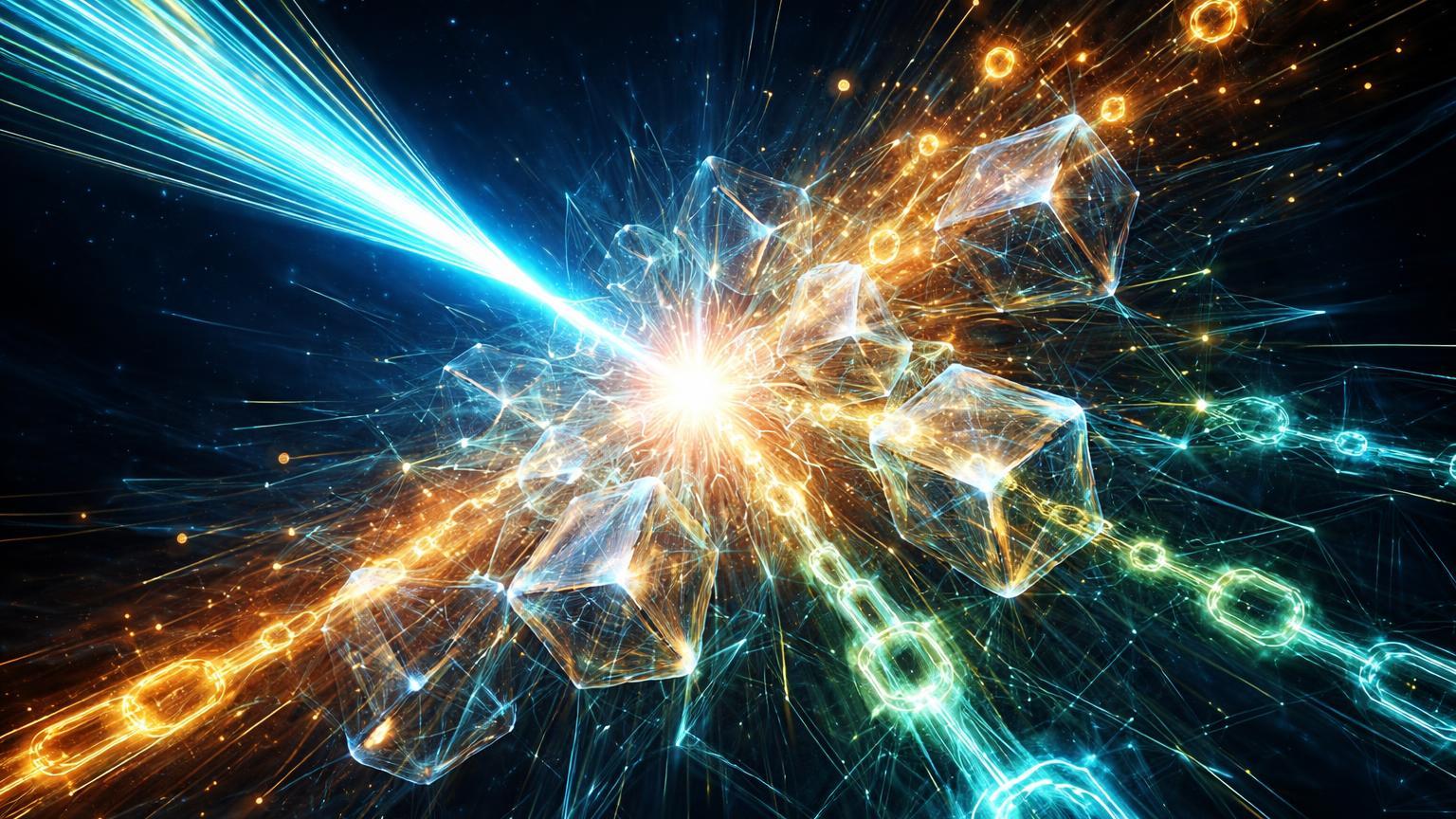 Feixe de luz óptica injetando energia em rede neural cristalina expandindo com partículas douradas, simbolizando investimentos Nvidia em IA e airdrop OPN da Binance