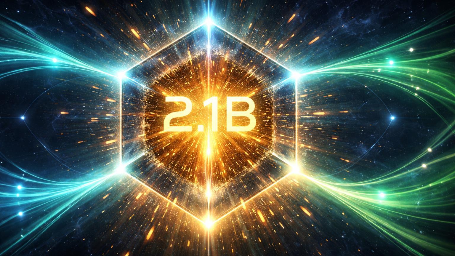 Núcleo cristalino comprimindo partículas douradas com '2.1B' gravado e fluxos cyan conectados, simbolizando teto deflacionário do Aptos e upgrades DeFi