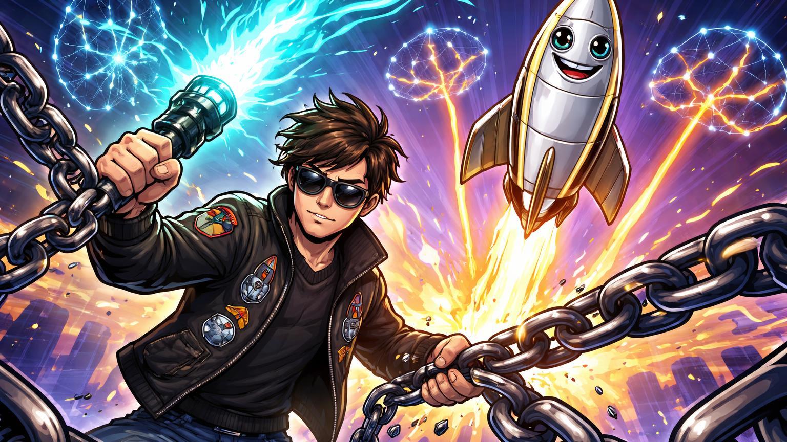 Visionário tech cartoon cortando correntes de dívida com tocha IA, libertando foguete SpaceX, sinalizando força financeira pré-IPO