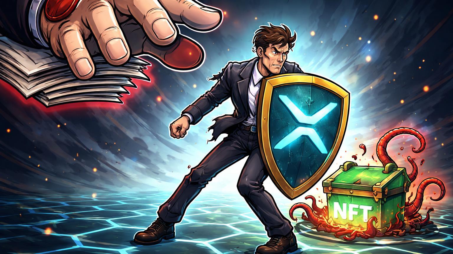 Trader cartoon com escudo XRP se protegendo de mão regulatória e armadilha NFT scam no XRPL, alertando sobre regras na X