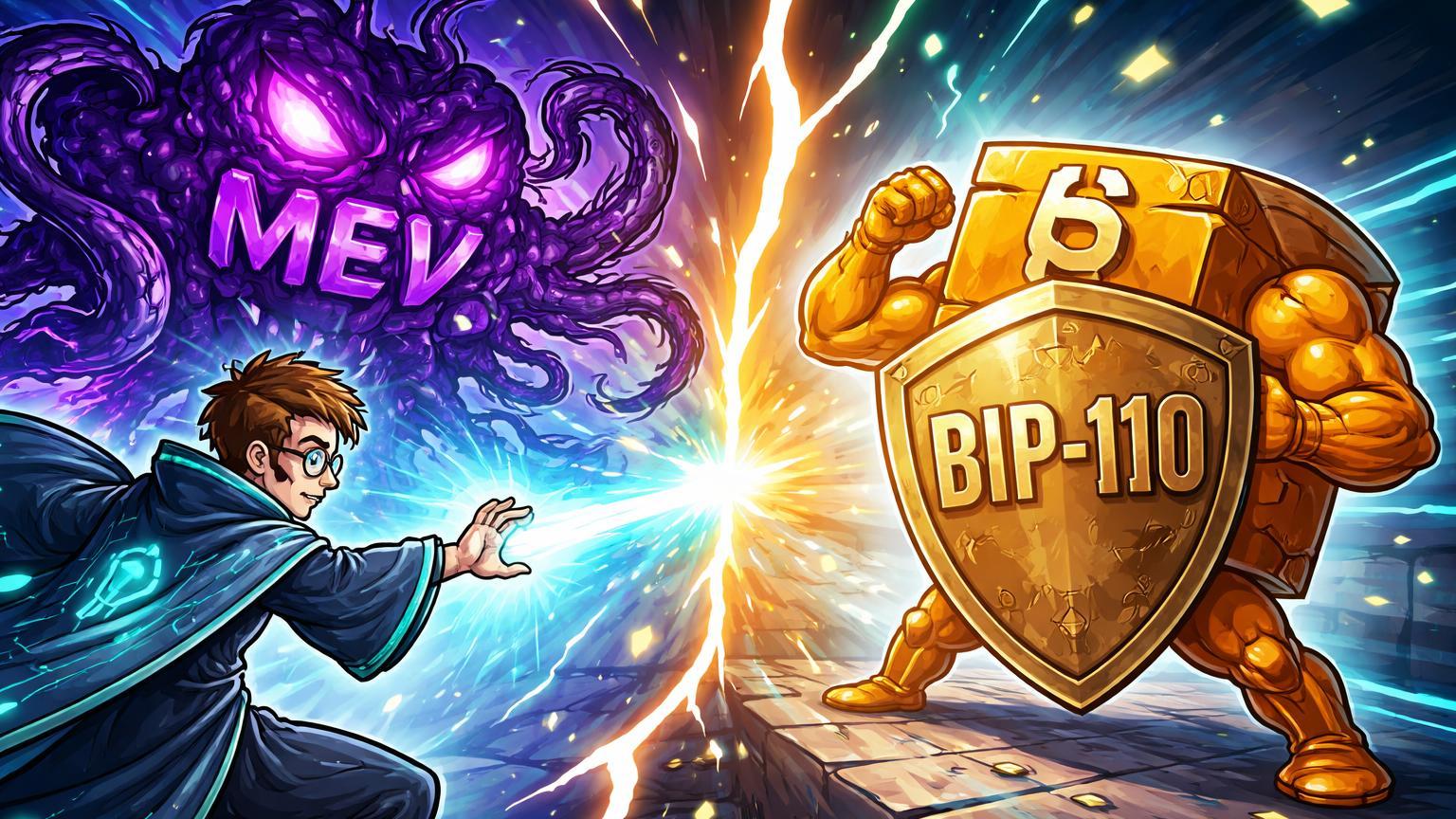 Vitalik cartoon lançando feitiço contra besta MEV tóxica, enquanto bloco Bitcoin com BIP-110 se defende, simbolizando batalha por MEV em ETH e BTC