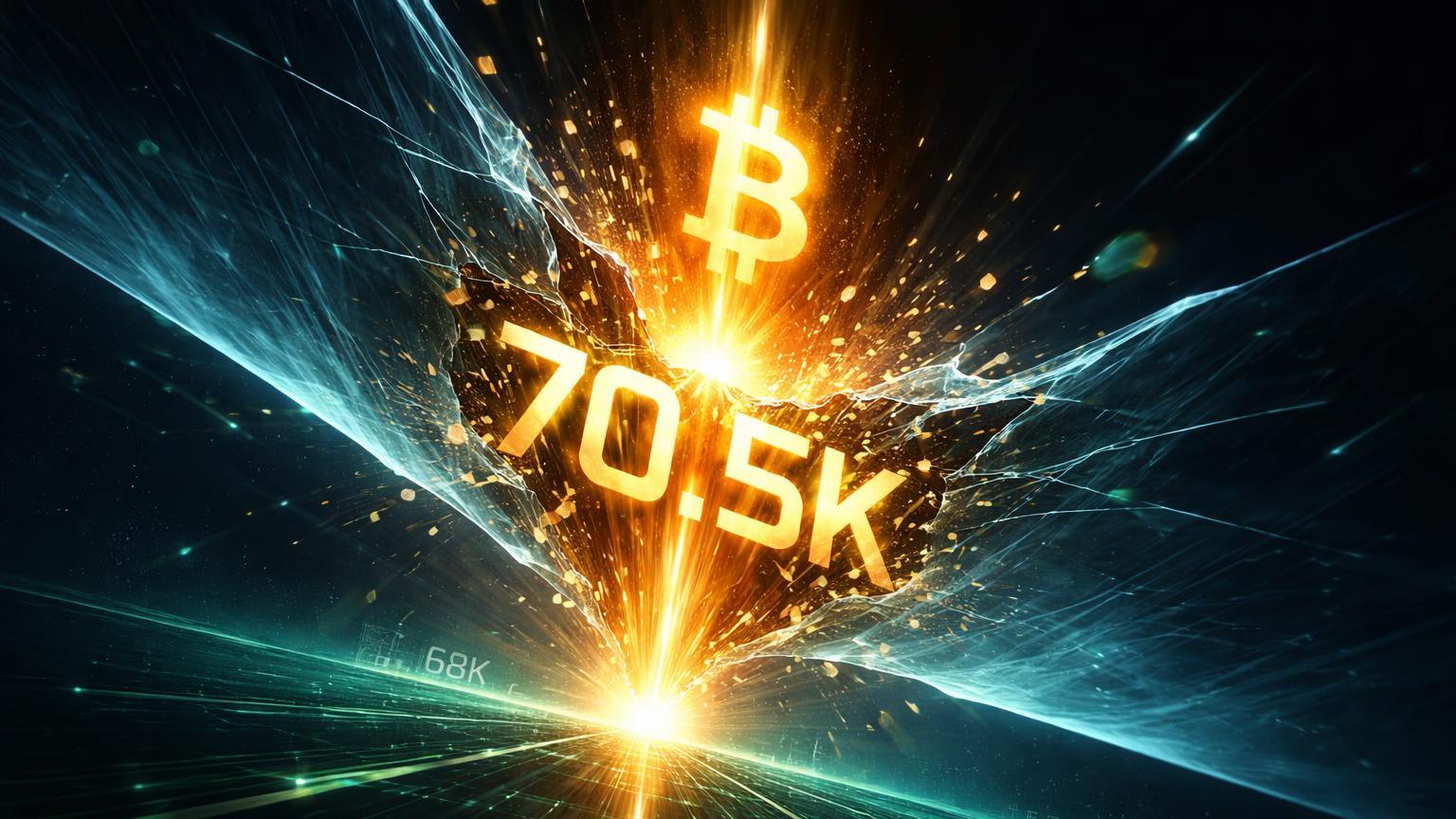Barreira cristalina descendente rompida por força dourada com marco 70.5K emergente, simbolizando breakout técnico do Bitcoin para US$ 70.500