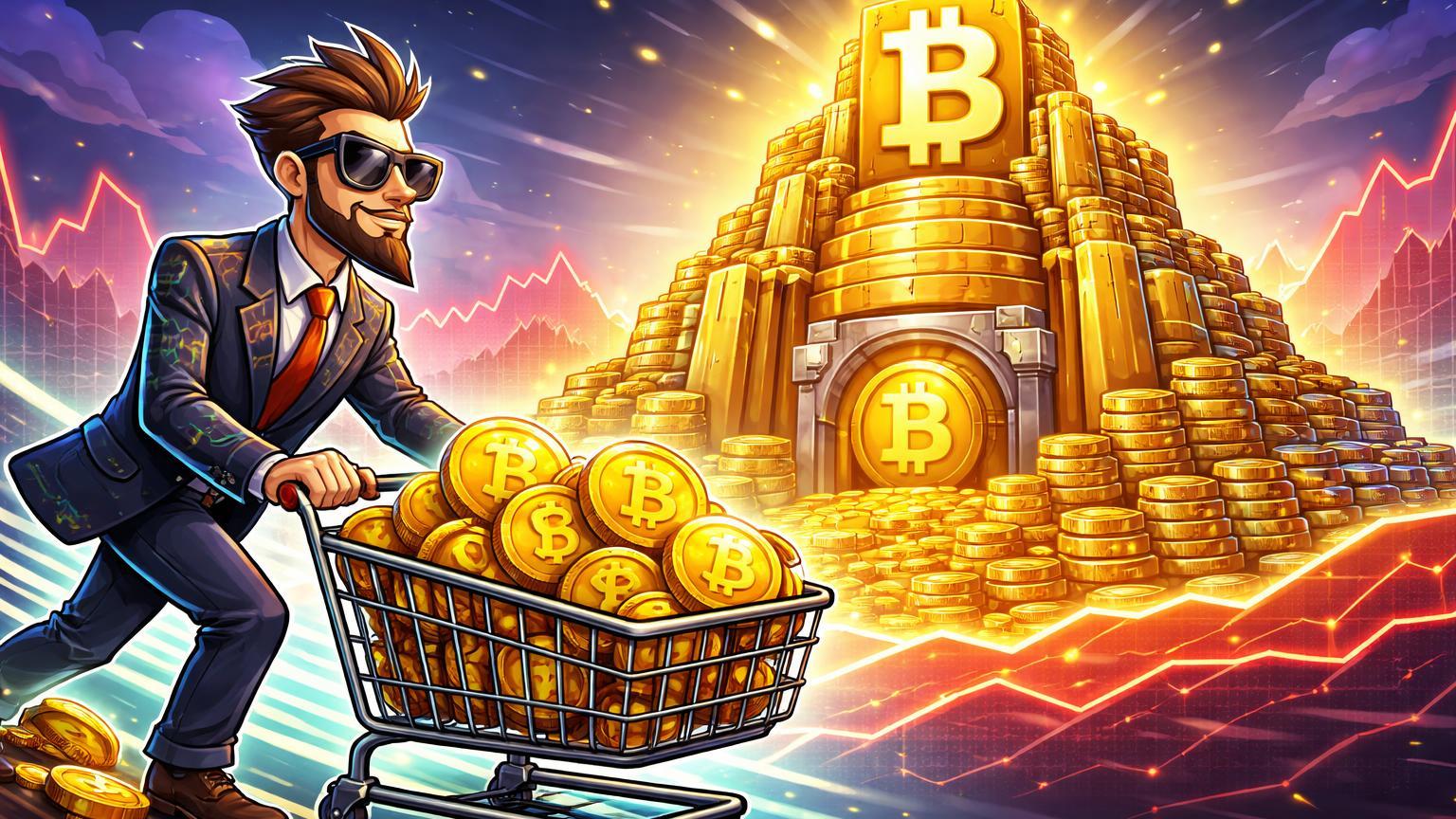 CEO cartoon estilizado empurrando carrinho de BTC para reserva dourada massiva, simbolizando estratégia DCA da MicroStrategy em adoção institucional