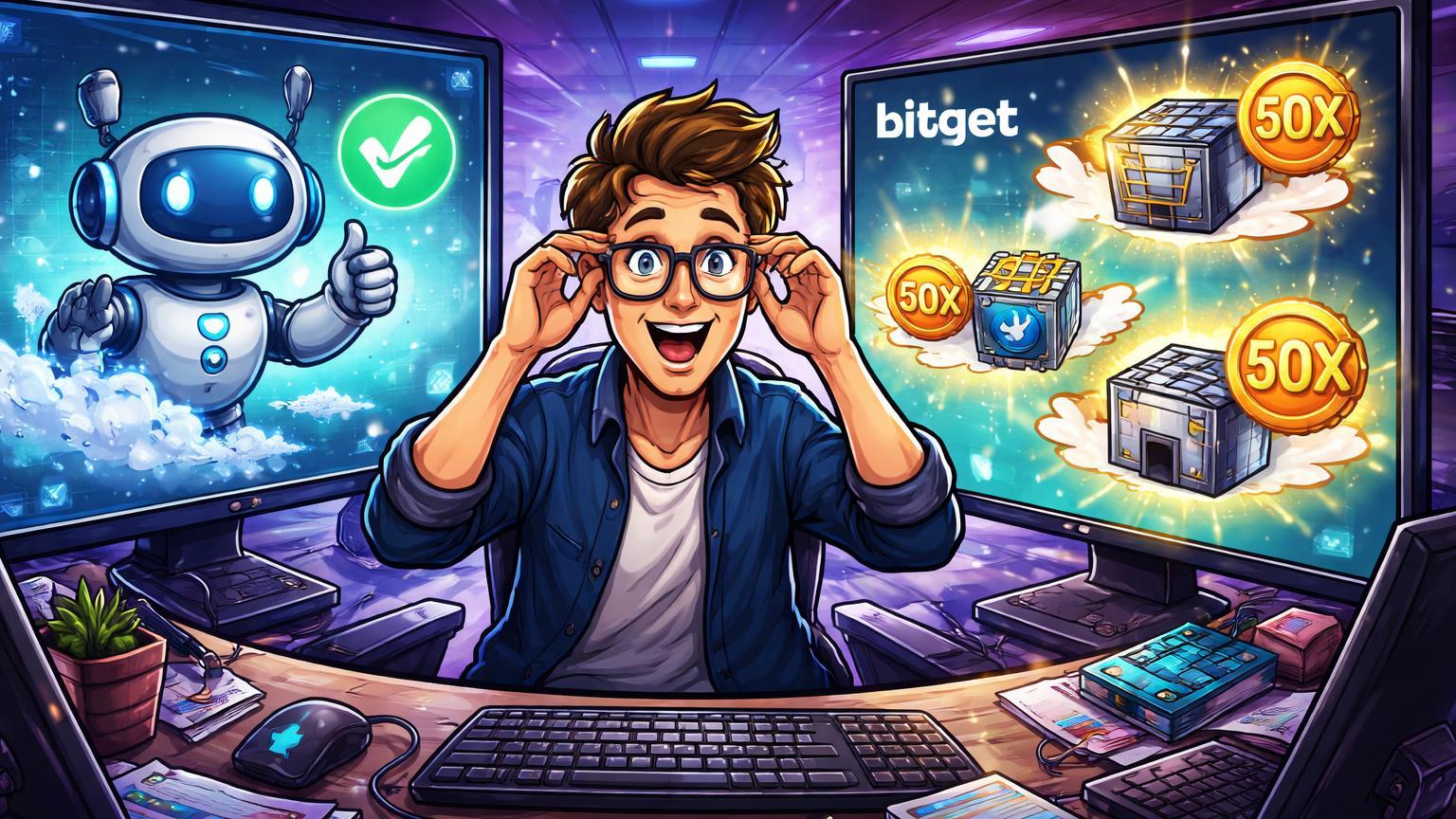 Trader cartoon em setup com tela Claude restaurada e Bitget adicionando Walmart, TSMC e Costco com 50x, guiando rotina de IA e trading cripto