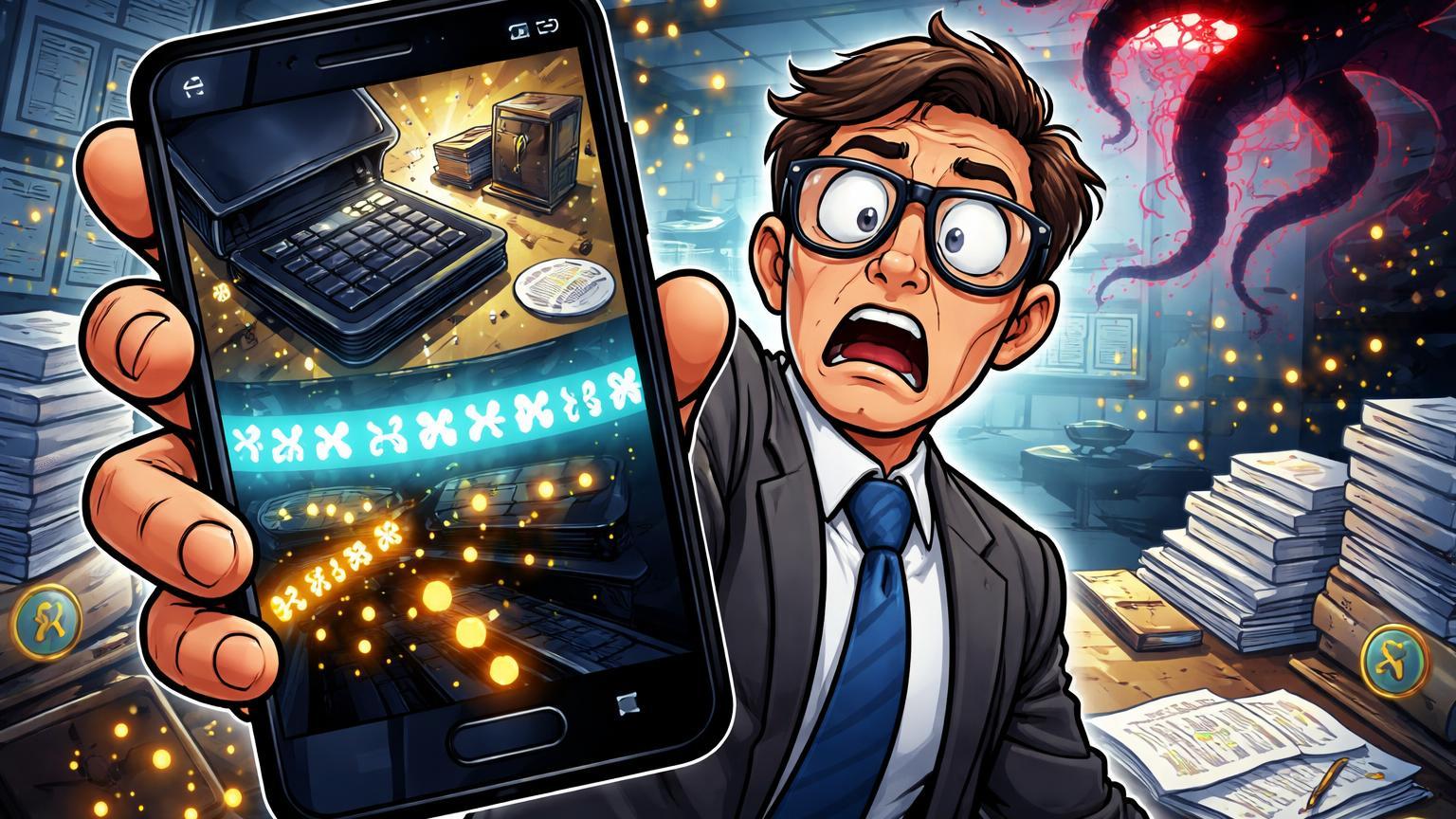 Burocrata cartoon em selfie expondo glifos de seed phrase no celular, com cripto dourada sendo roubada por sombra digital, alertando falha de segurança governamental