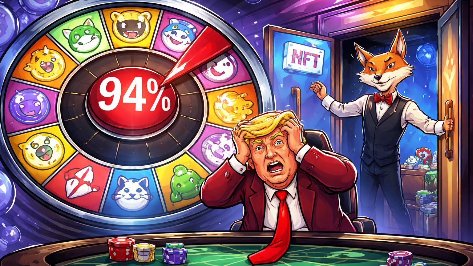 Trump cartoon em roleta de memecoins com perda de 94%, Magic Eden como dealer pivotando de NFTs para cassino, fim de narrativas cripto