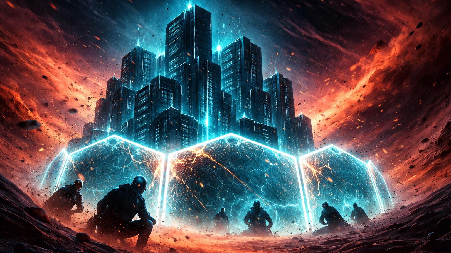 Fortaleza digital sob tempestade de areia vermelha com escudos rachados e silhuetas protegidas, ilustrando riscos de conflito no Golfo para AWS e exchanges