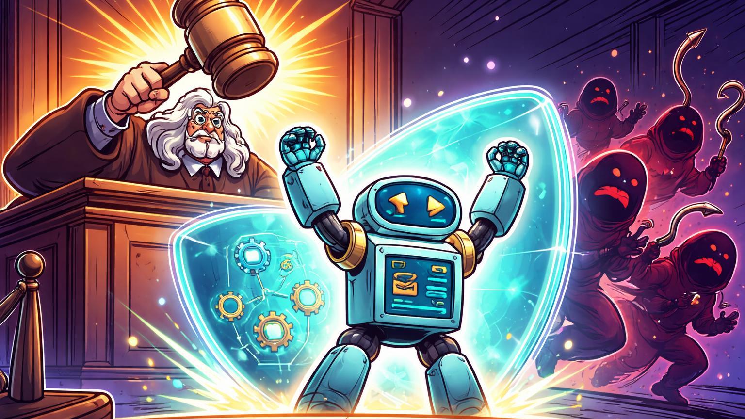 Juiz cartoon declarando vitória para personagem DeFi com escudo cyan contra fantasmas phishing, celebrando triunfo judicial da Uniswap