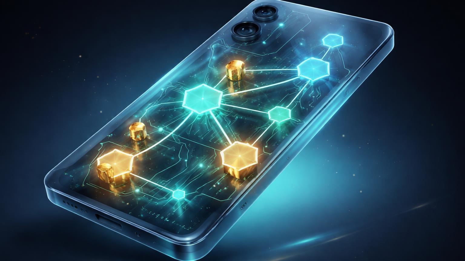 Smartphone Android translúcido revelando rede blockchain cyan e nodos dourados internos, simbolizando infraestrutura cripto invisível em dispositivos mobile