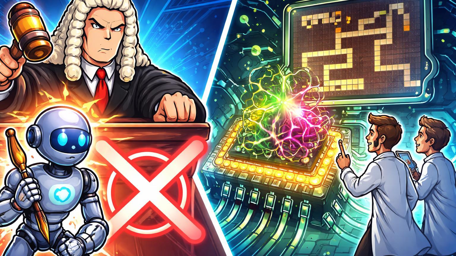 Juiz cartoon barrando robô IA com martelo enquanto cientistas observam neurônios em chip jogando Doom, simbolizando decisão de copyright e computação biológica