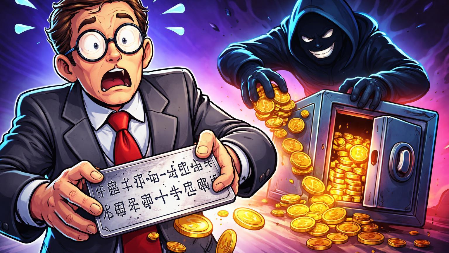 Burocrata cartoon expondo seed phrase abstrata enquanto sombra hacker rouba cofre de cripto, ilustrando falha de segurança no fisco coreano