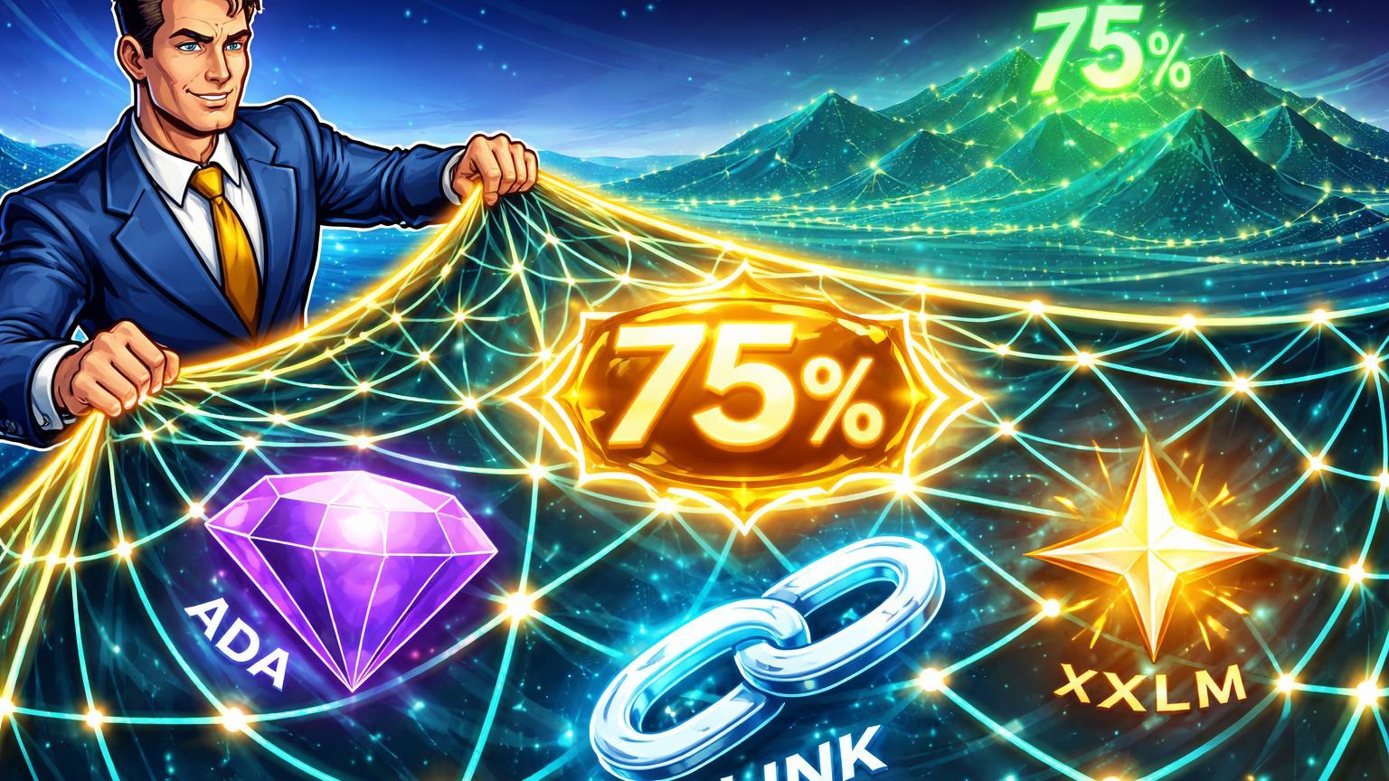 Executivo cartoon estendendo rede luminosa sobre diamante ADA, cadeia LINK e estrela XLM com selo 75%, simbolizando lançamento de futuros pelo CME