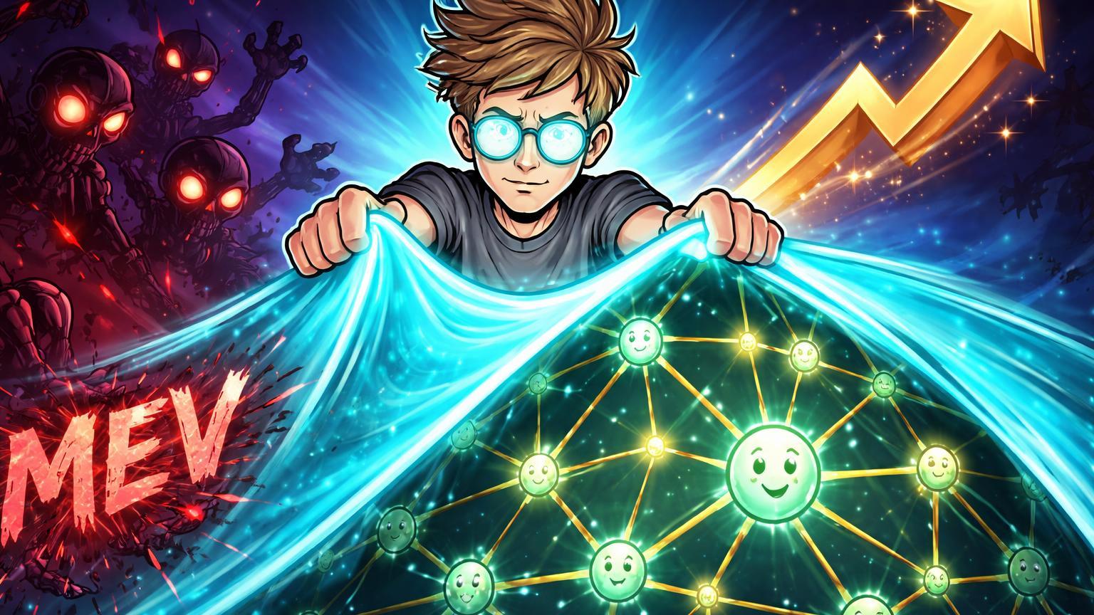 Vitalik cartoon erguendo véu cyan protetor sobre rede NEAR, repelindo sombras MEV vermelhas, com seta dourada ascendente simbolizando alta de 40% e inovações em privacidade DeFi