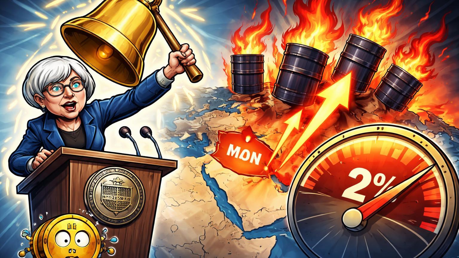 Yellen cartoon soando sino de alarme com chamas do Irã elevando medidor de inflação além de 2%, impactando Bitcoin