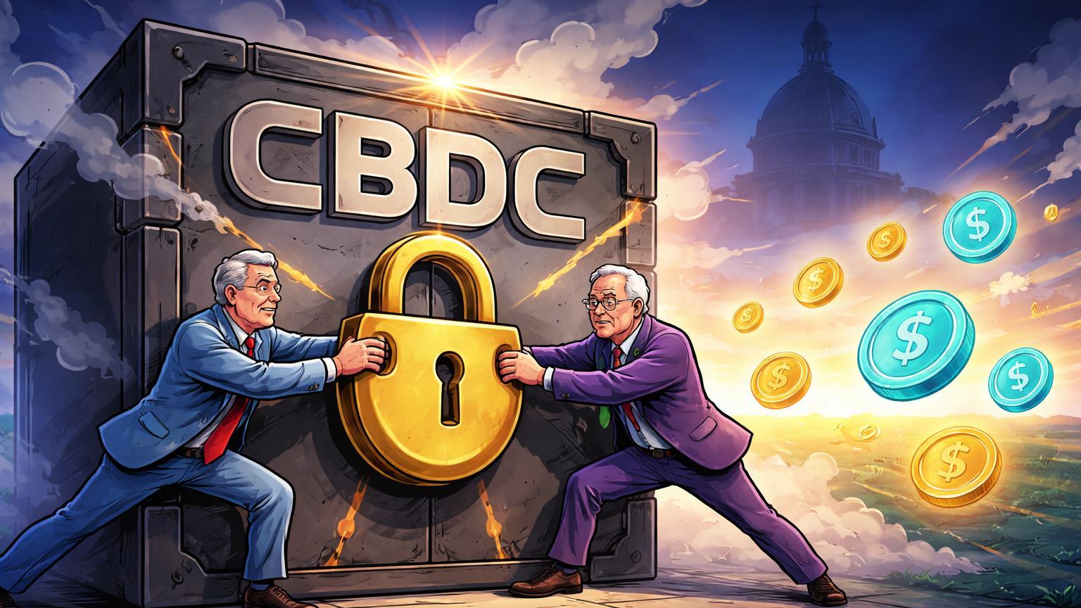 Senadores cartoon bipartidários trancando caixa CBDC com cadeado dourado, enquanto stablecoins cyan fluem livremente para o horizonte