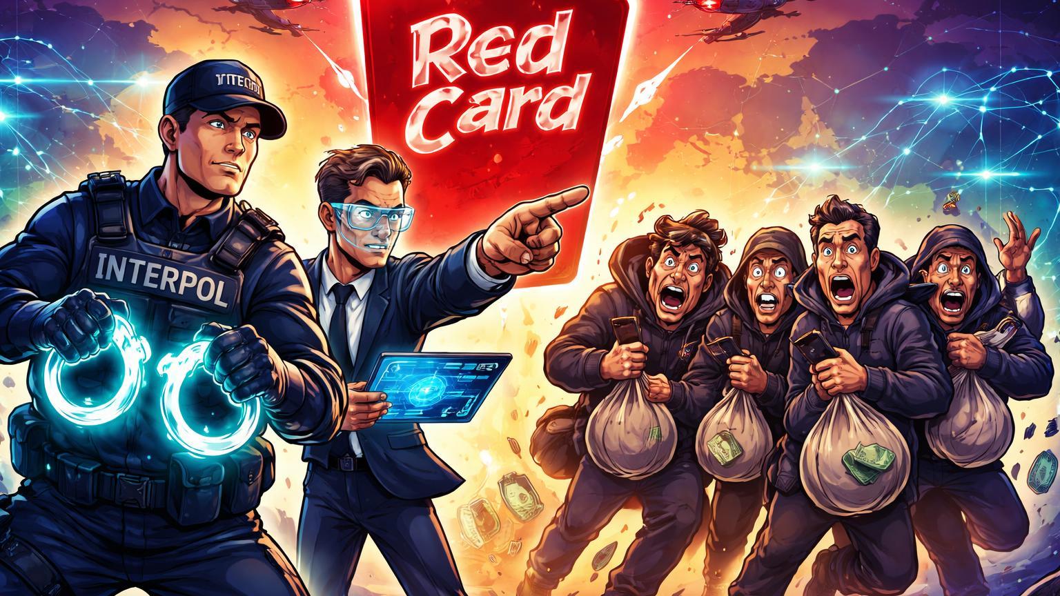 Agentes cartoon de INTERPOL e Binance algemando fraudadores com cartão Red Card, simbolizando operação anti-fraude na África