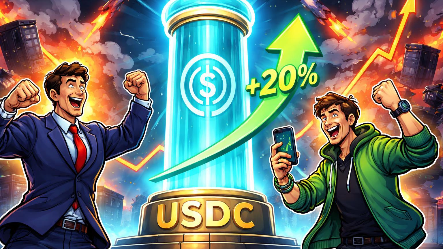Traders cartoon celebrando pilar USDC com +20% ao redor de tensões geopolíticas e juros altos, alta das ações Circle