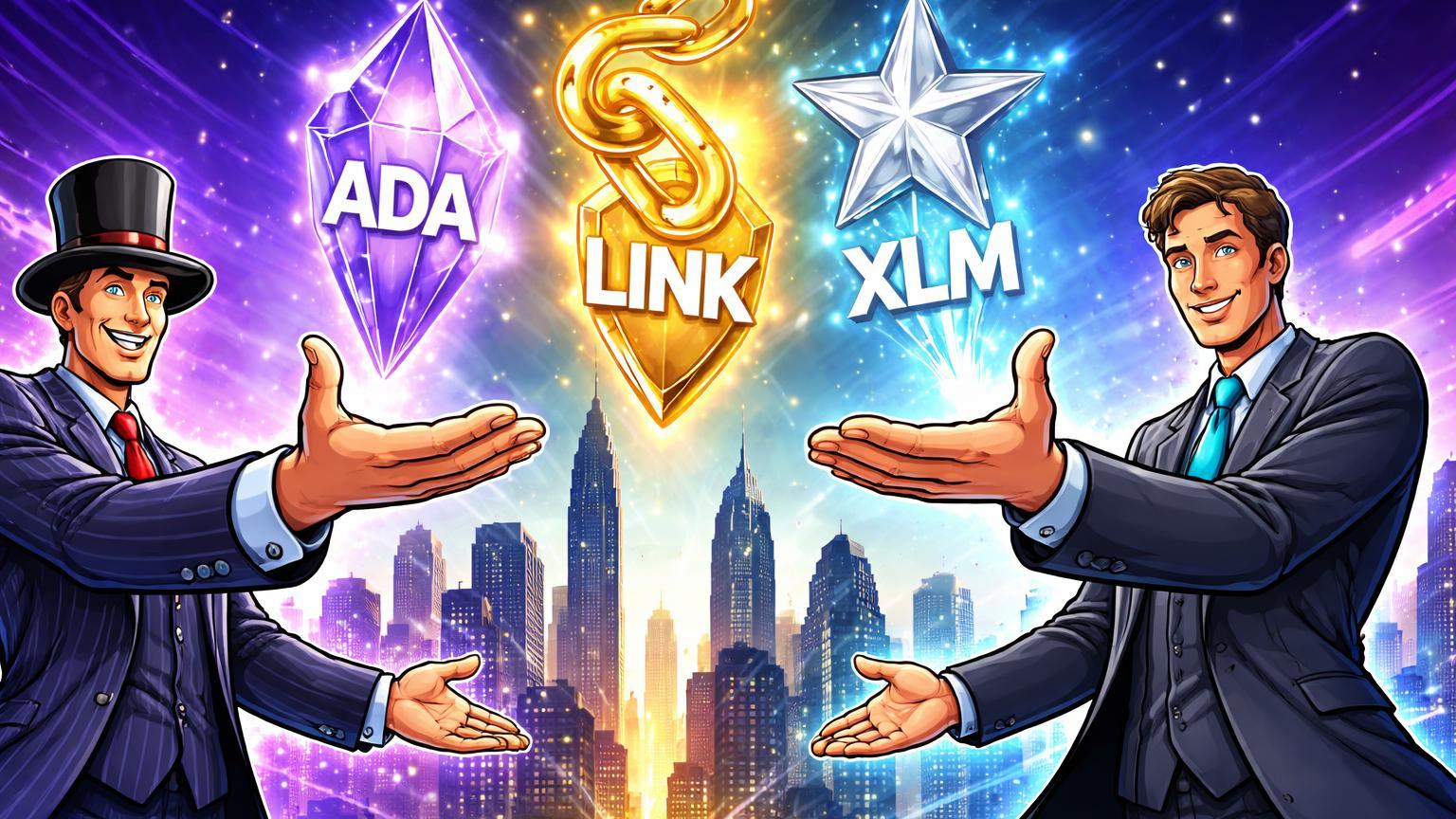 Executivos Wall Street cartoon estendendo mãos para cristais ADA, LINK e XLM luminosos, simbolizando lançamento de futuros pela CME e adoção altcoins