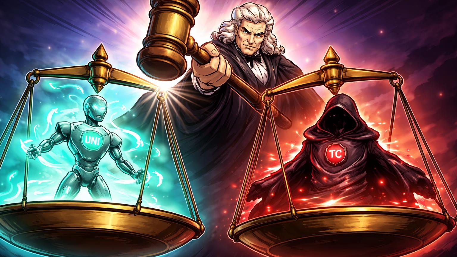 Juiz cartoon batendo martelo em balança da justiça: Uniswap elevado em luz cyan, Tornado Cash afundado em sombras vermelhas, precedente para DeFi