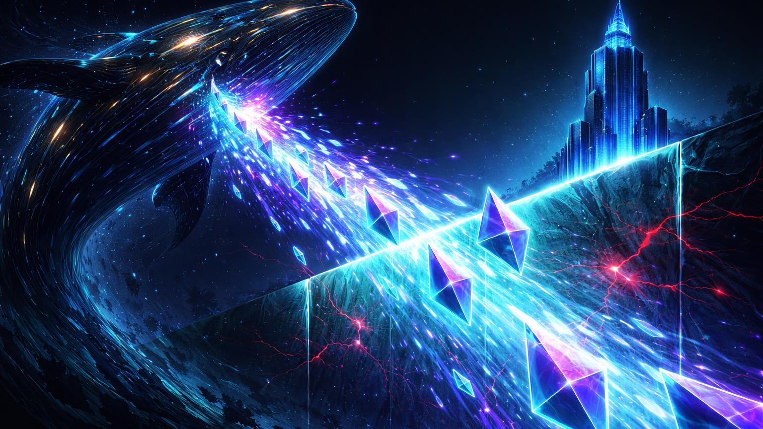 Silhueta de baleia cyberpunk liberando fluxo de prismas ETH contra barreira cyan de buy wall, simbolizando pressão vendedora na Binance