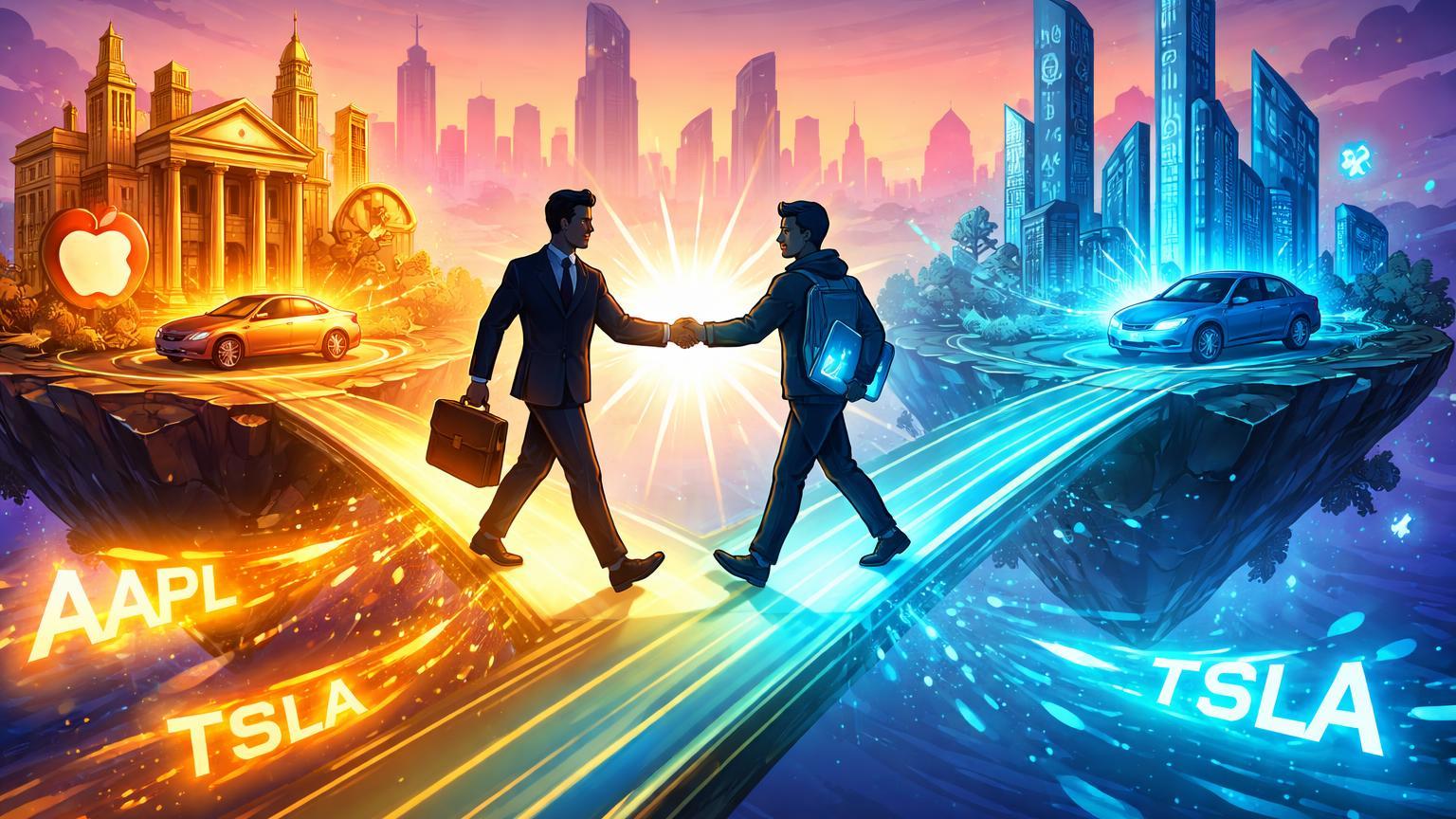 Executivos cartoon apertando mãos sobre ponte luminosa conectando ilhas TradFi e crypto com AAPL e TSLA fluindo, marco RWA na Binance em Abu Dhabi