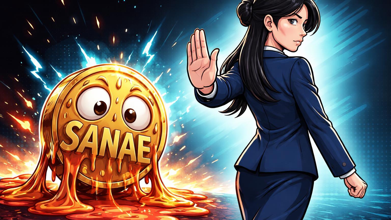 Política japonesa cartoon negando com mão levantada enquanto memecoin SANAE derrete em poça vermelha, simbolizando colapso de 75% após negação
