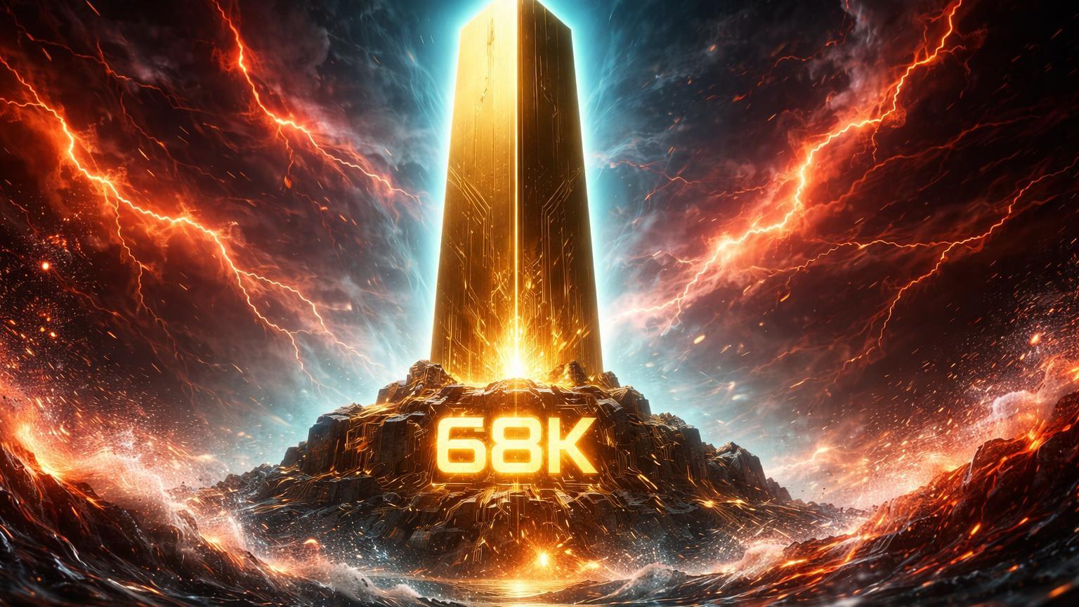 Monolito dourado com 68K gravado resistindo tempestade vermelha caótica, simbolizando suporte resiliente do Bitcoin ante pânico em Wall Street