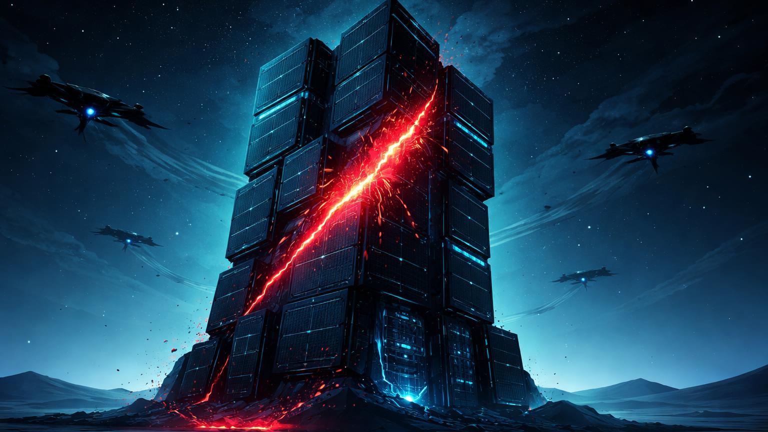 Torre de data center cyberpunk com rachadura vermelha de drone, representando danos em instalações AWS por ataques no Golfo