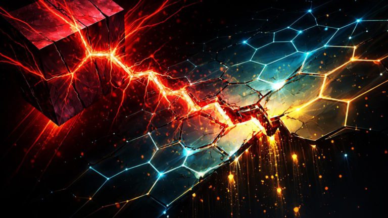 Bloco angular vermelho liberando veias contaminantes sobre rede hexagonal cyan dourada, simbolizando pressão bearish do NASDAQ no mercado cripto