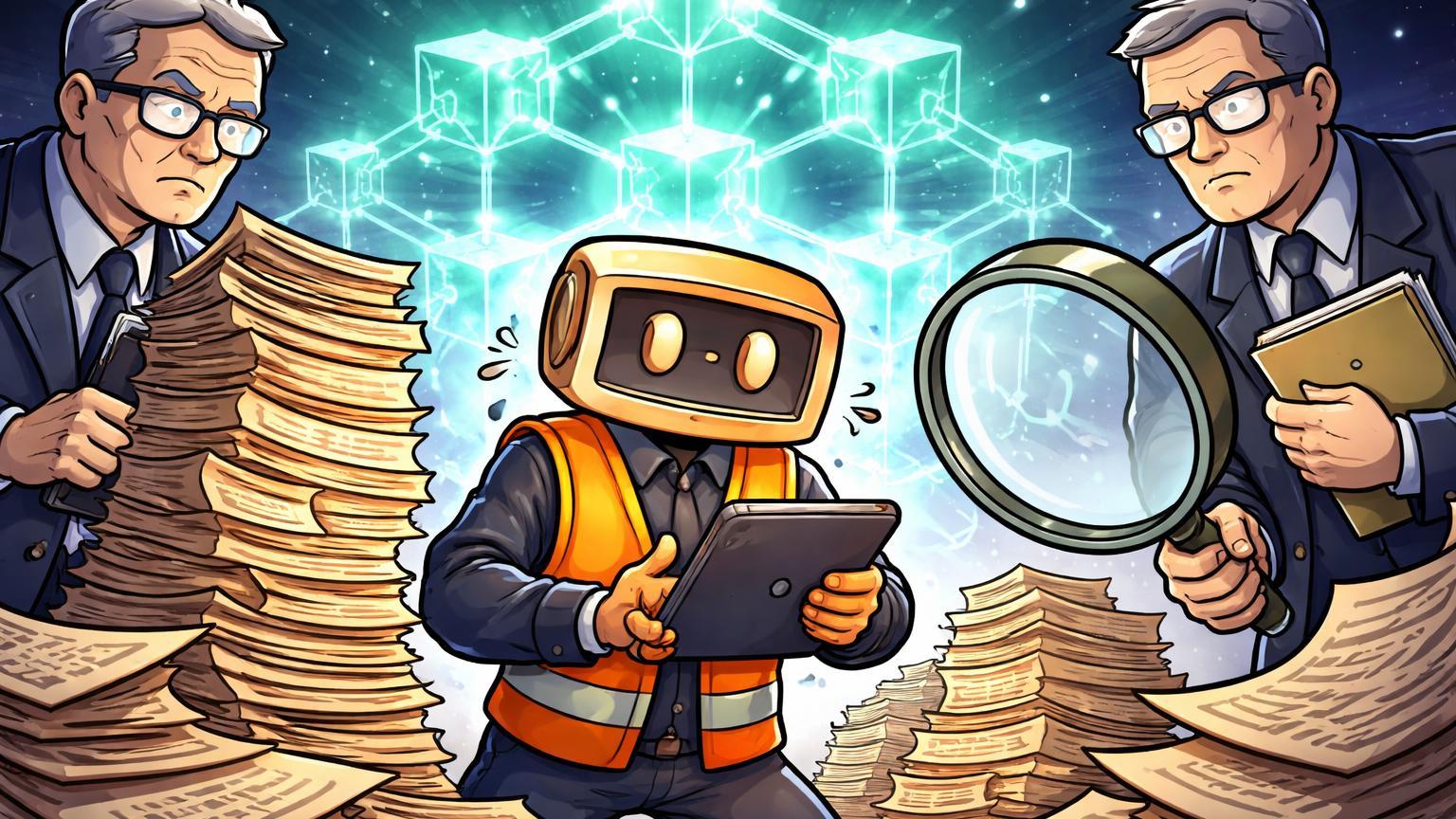 Personagens cartoon de reguladores auditando exchange com pilhas de relatorios e estrutura Drex ao fundo, ilustrando exigencias do BC e TCU